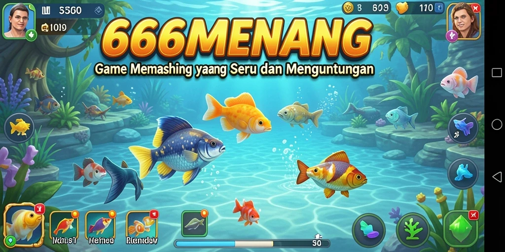 Gameplay 666MENANG dengan beragam ikan dan pemandangan alam yang indah.