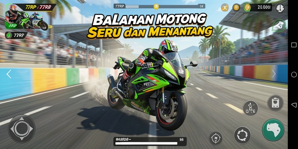 Gameplay seru 77RP dengan balapan motor yang mendebarkan.