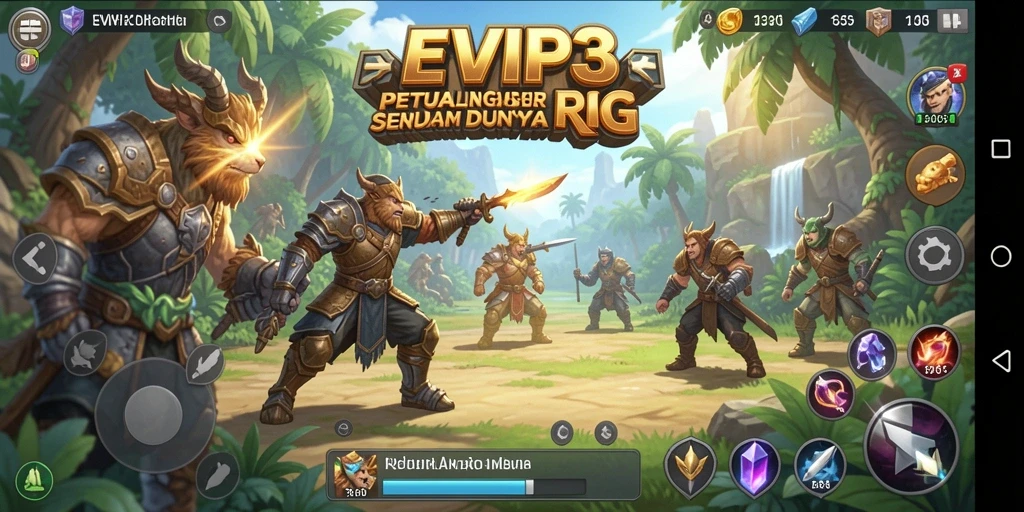 Screenshot gameplay EVIP3 menampilkan pertarungan epik di dunia RPG.