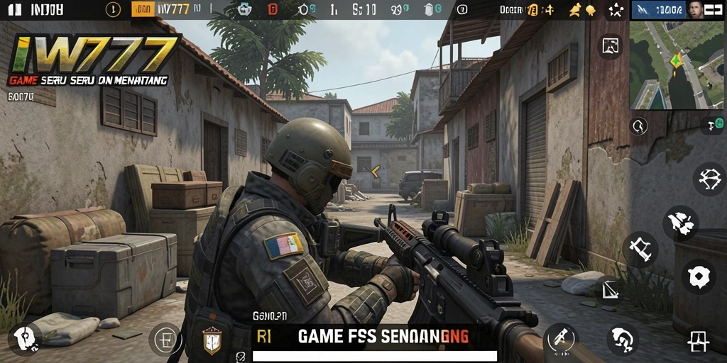 Screenshot utama IW777 yang menunjukkan aksi pertempuran intens dalam gameplay FPS.